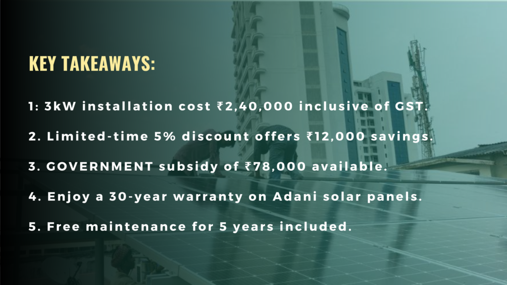 Key takeaways from Adani Solar Panel Price of 3kW Rooftop Solar installation in Mangalore by SunStar Solar Solutions