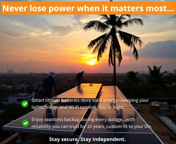 Never lose power when it matters most. Smart lithium batteries store solar energy—keeping your lights, fridge, and Wi-Fi running, day or night. Enjoy seamless backup during every outage...with reliability you can trust for 10 years, custom-fit to your life. Stay secure. Stay independent. Request your free consultation today.